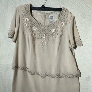 R&M Richards Taupe Embroidered Midi Dress with Bead Accents